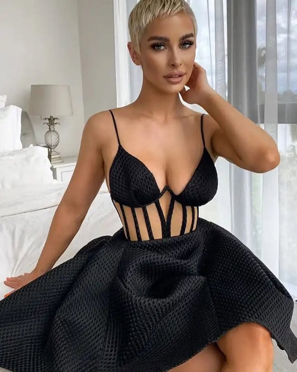 Black Structured Mini Dress | Cutout Bodice Party Dress with Cage Corset Detail