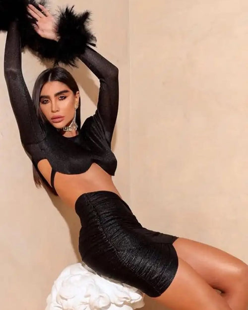 Black Cutout Bodycon Dress | Long Sleeve Mini with Feather Cuffs