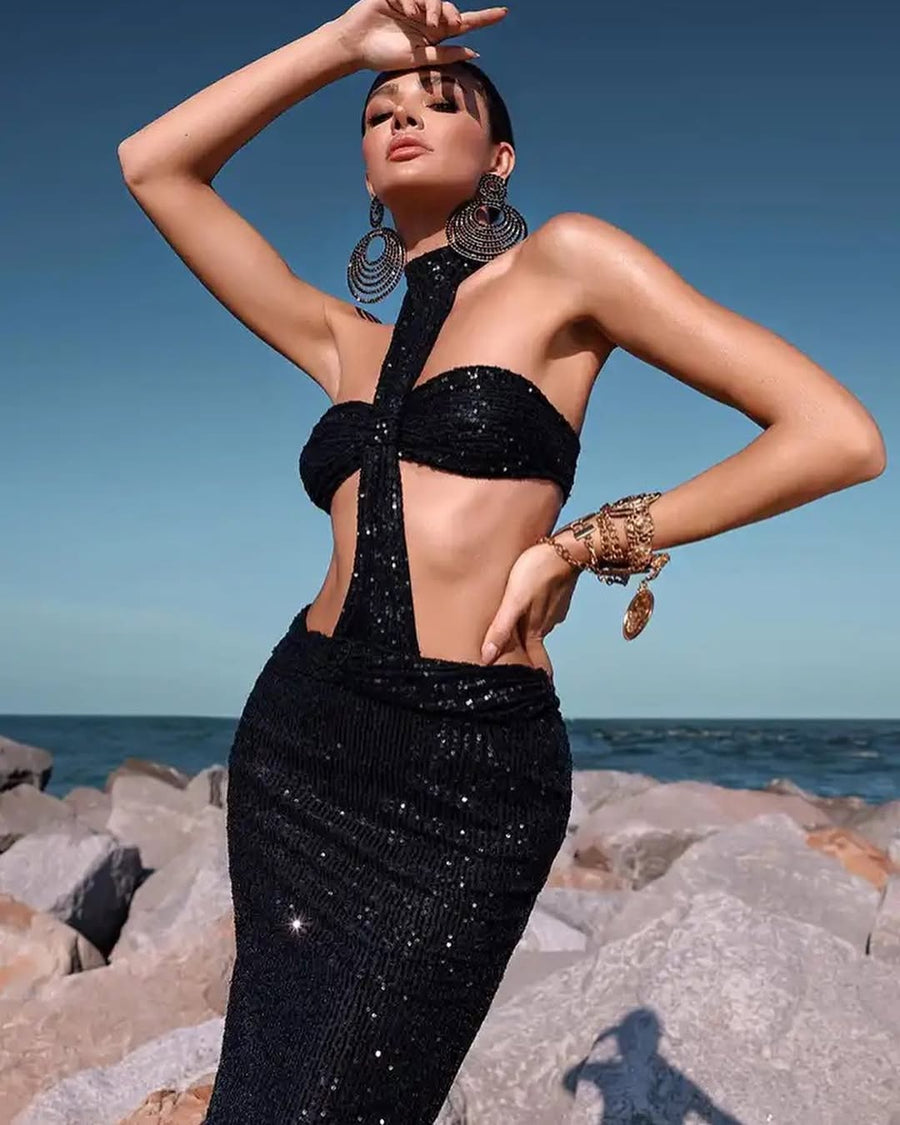 Sequin Cut-Out Maxi Dress | Halter Neck Sparkly Gown | Black Backless Party Dress MYLINE