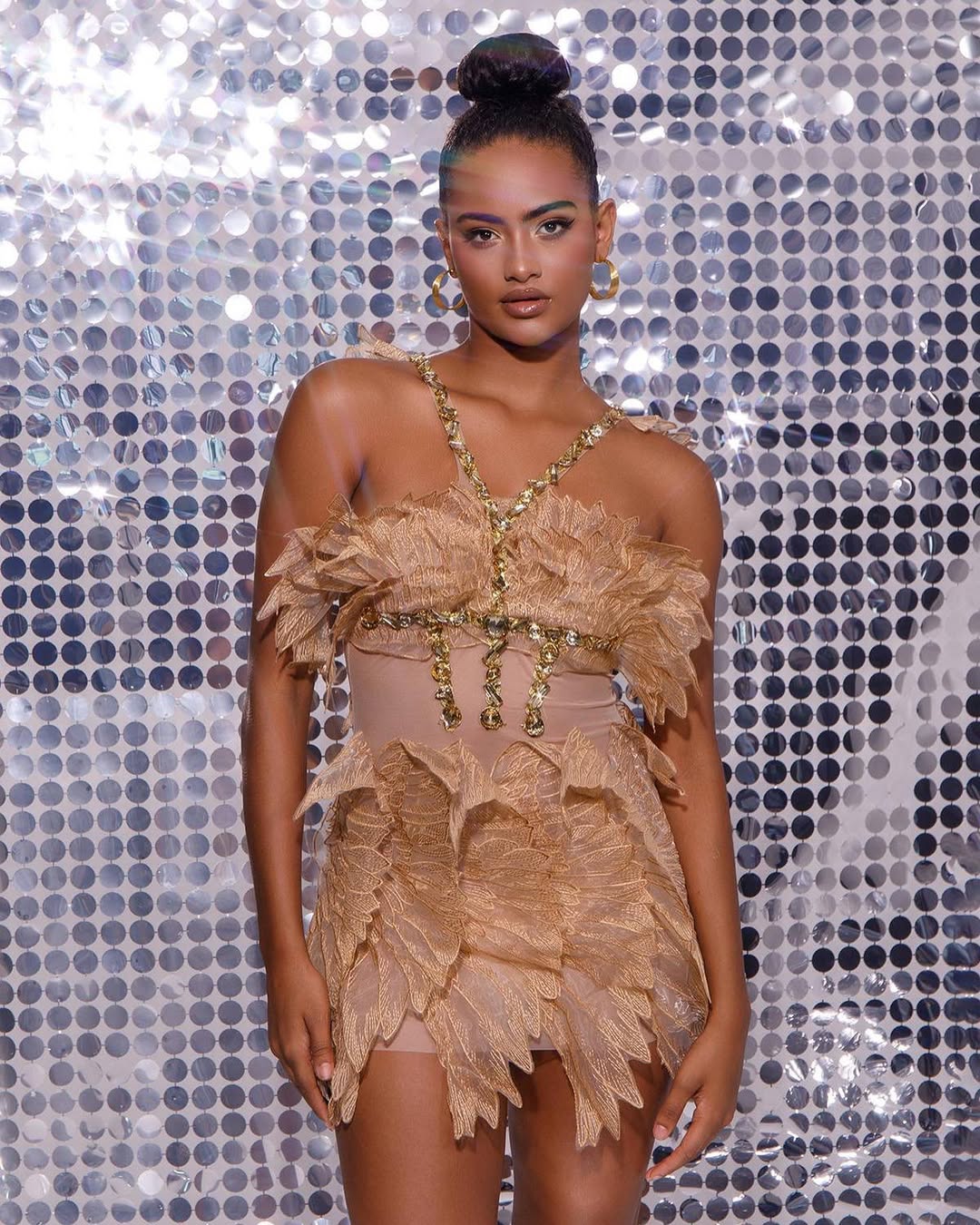 Golden Feather Embellished Mini Dress