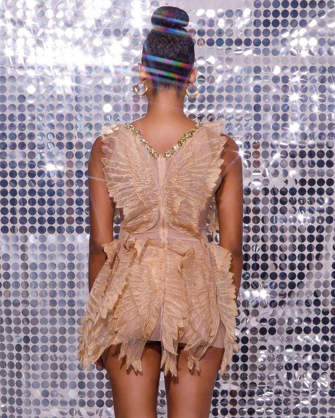 Golden Feather Embellished Mini Dress