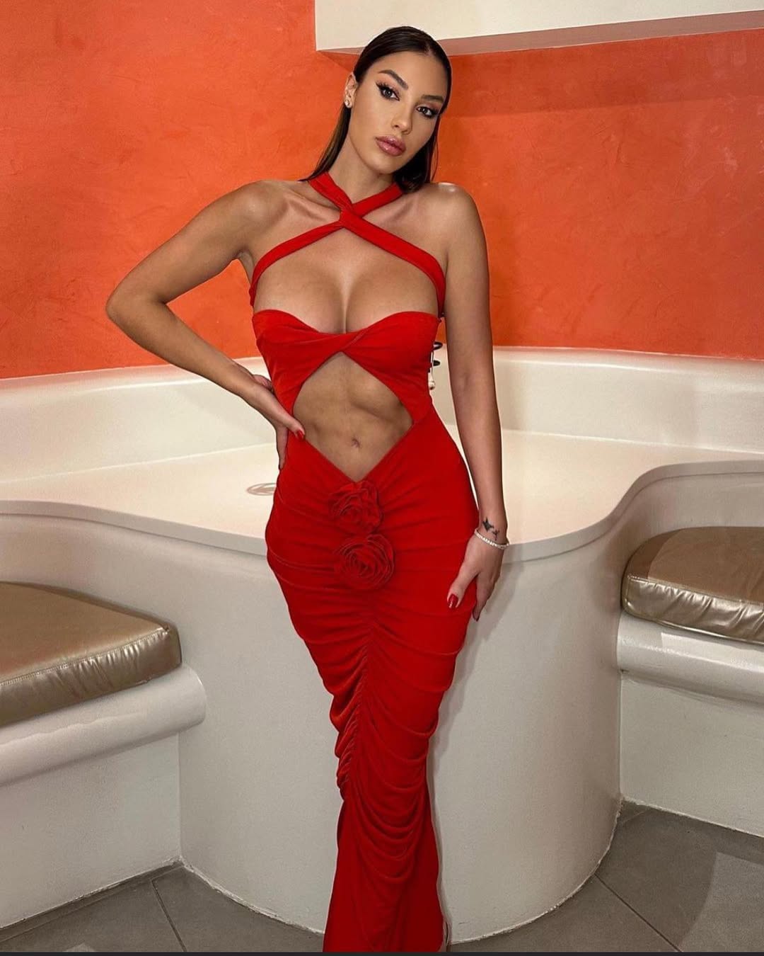 Red Ruched Cut-Out Halter Maxi Dress