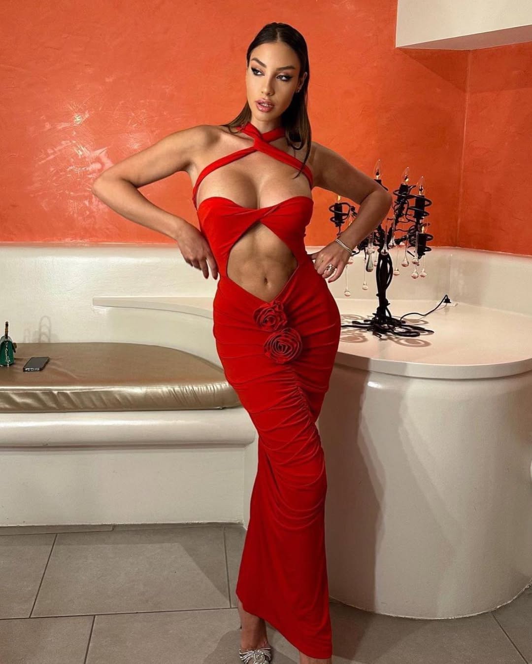 Red Ruched Cut-Out Halter Maxi Dress