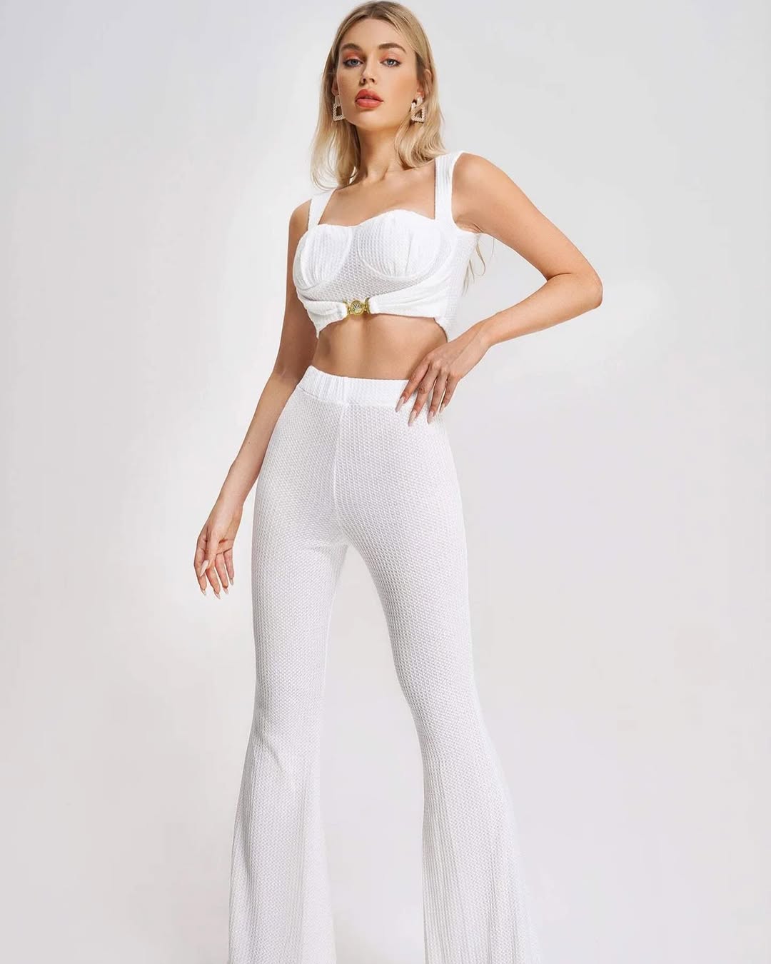 White Textured Two-Piece Set with Sculpted Bust & High-Waist Pants