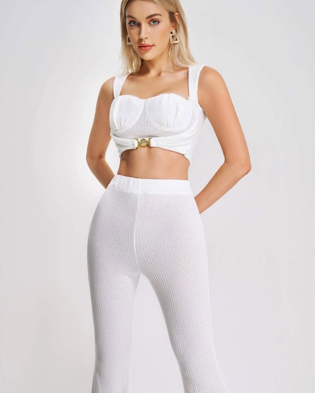 White Textured Two-Piece Set with Sculpted Bust & High-Waist Pants
