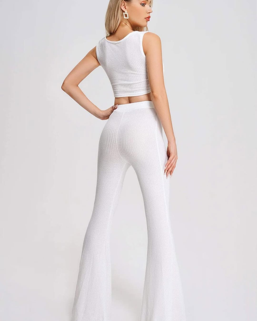 White Textured Two-Piece Set with Sculpted Bust & High-Waist Pants