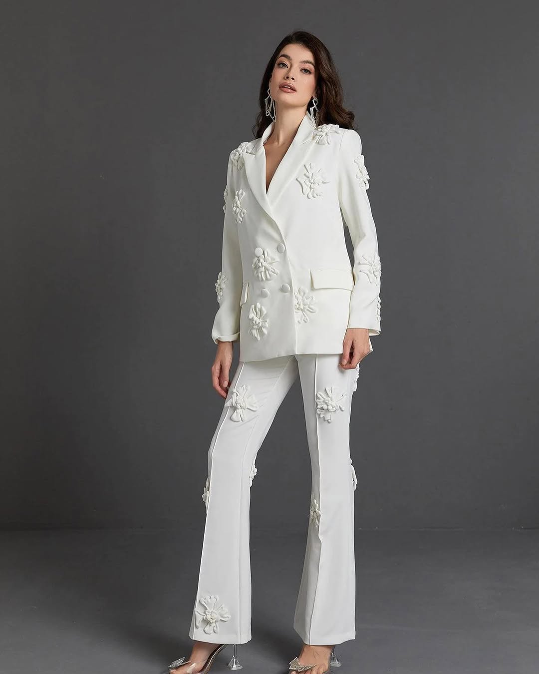 Elegant Floral Appliqué Blazer & Pants Suit Set