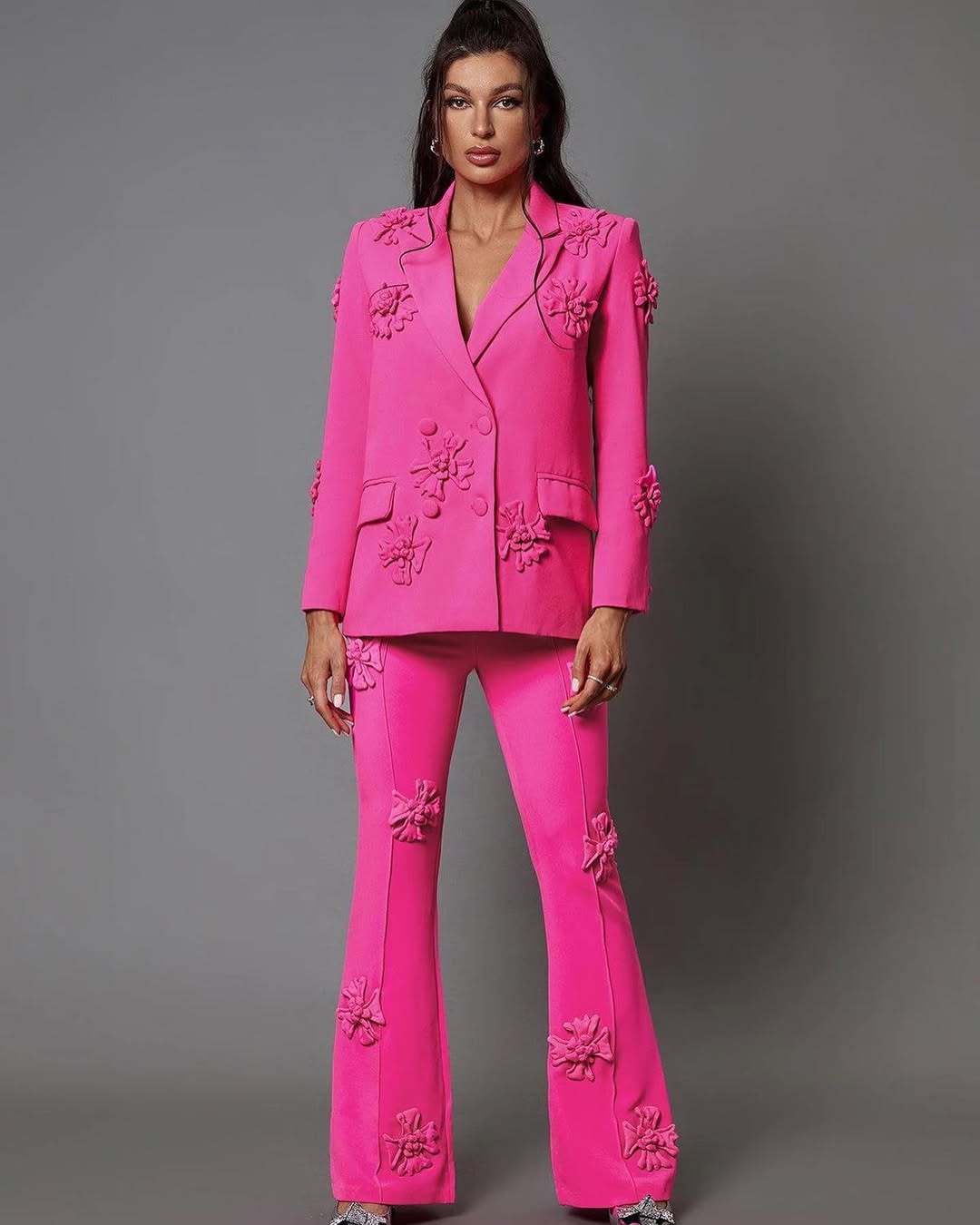 Elegant Floral Appliqué Blazer & Pants Suit Set