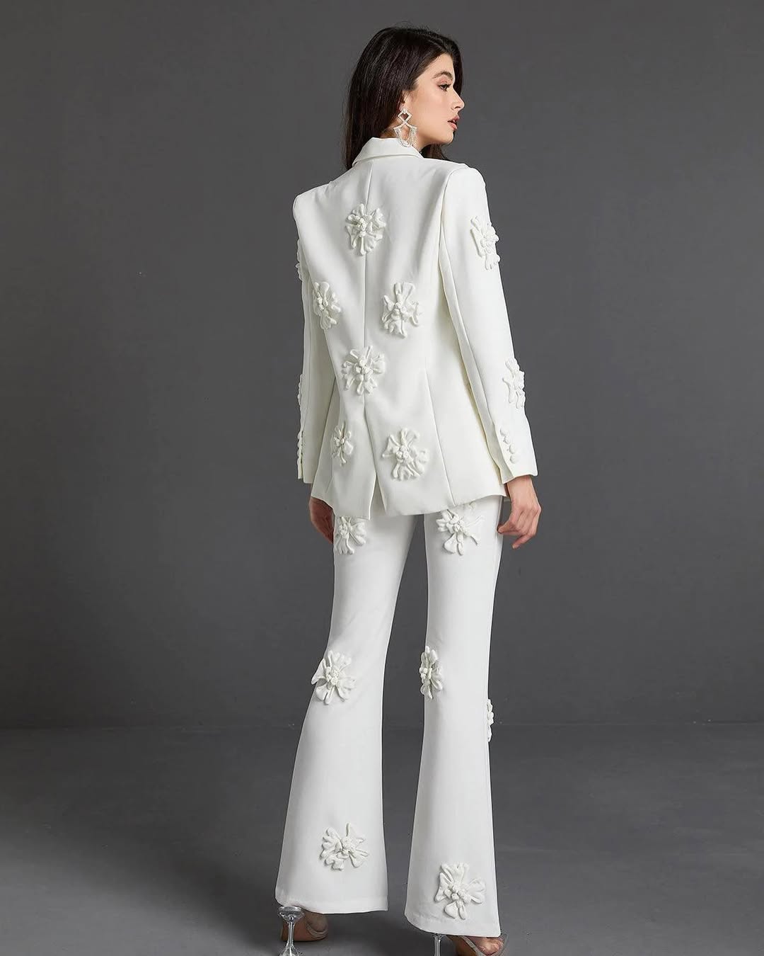Elegant Floral Appliqué Blazer & Pants Suit Set