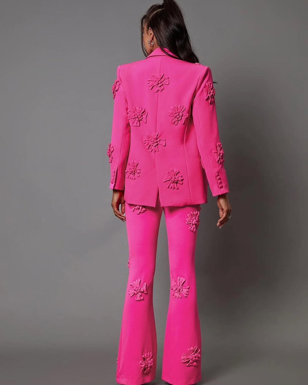Elegant Floral Appliqué Blazer & Pants Suit Set