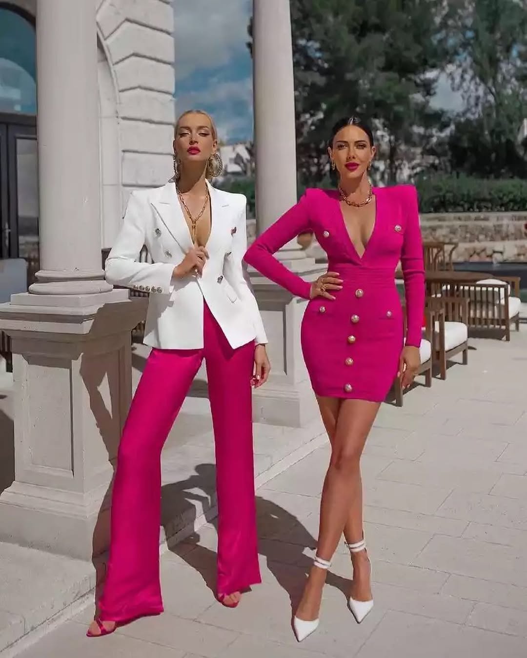 Pink Deep V Long Sleeve Bodycon Dress