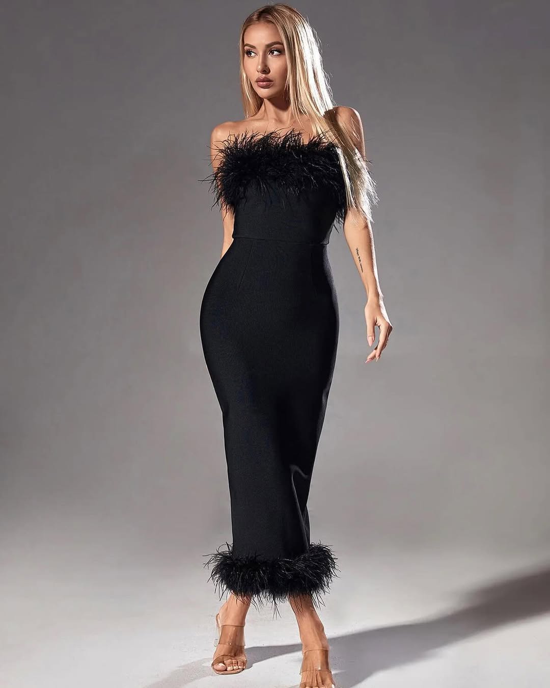 Black Feather Strapless Bandage Evening Dress