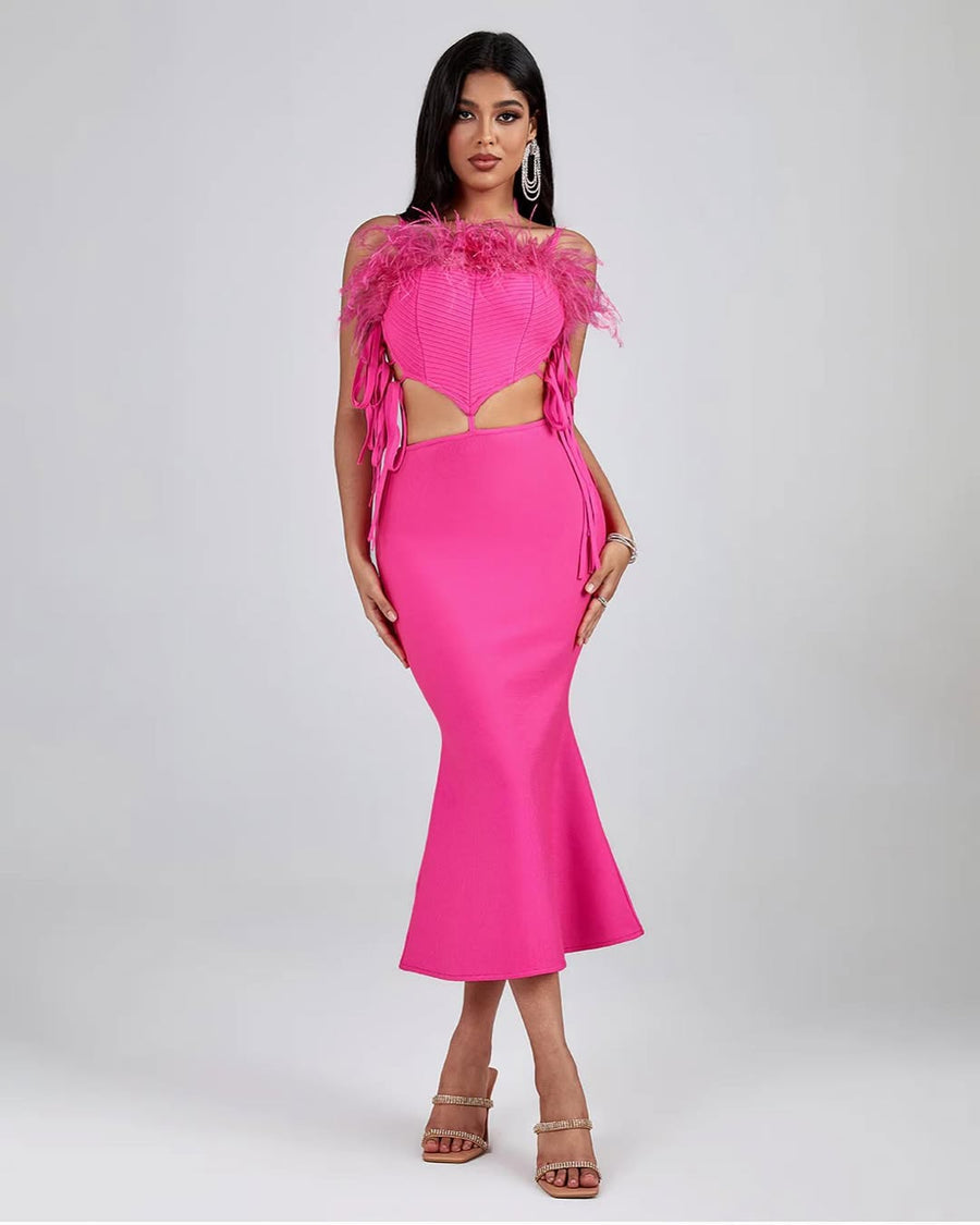 Pink Feather Cut-Out Mermaid Bandage Dress