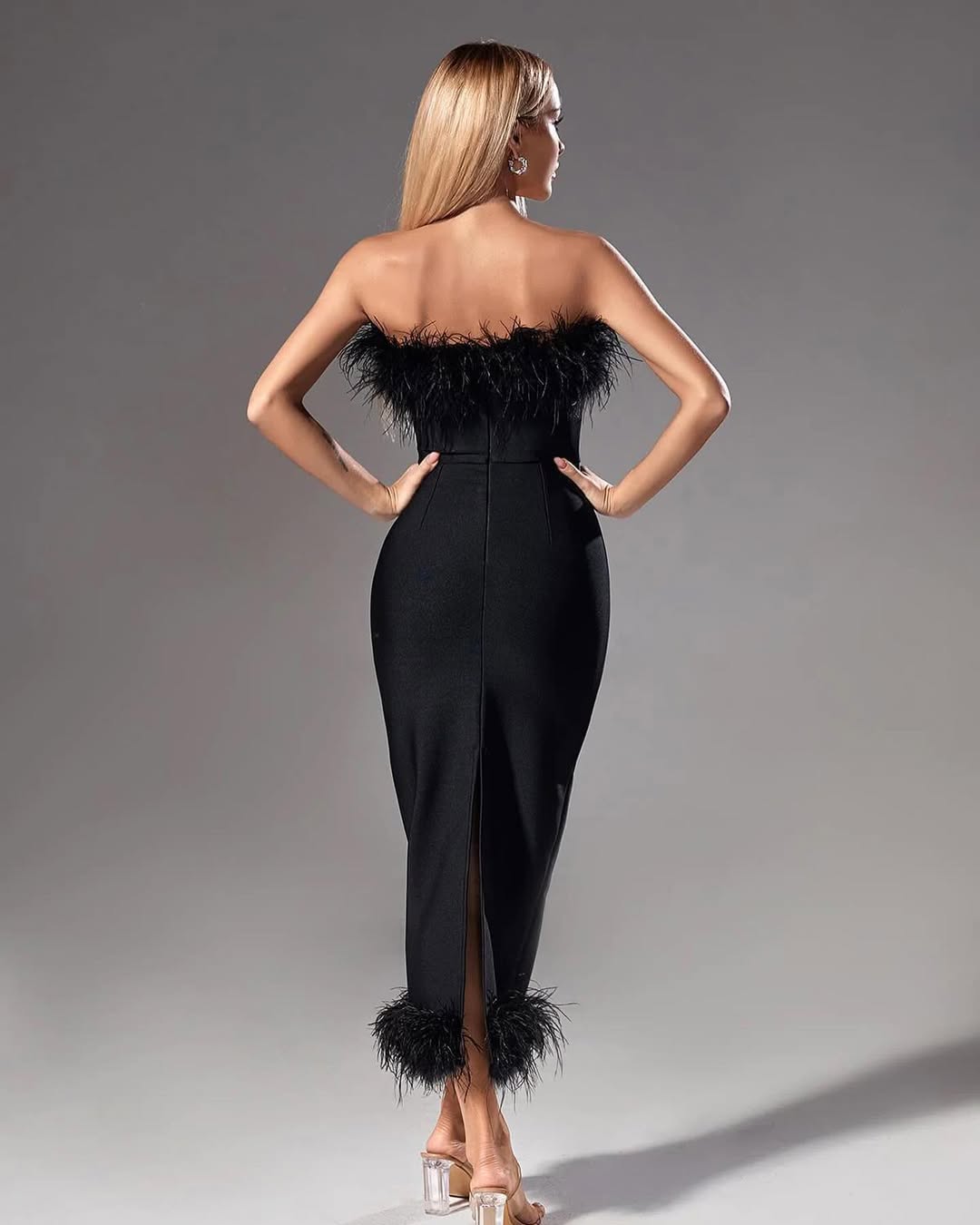Black Feather Strapless Bandage Evening Dress