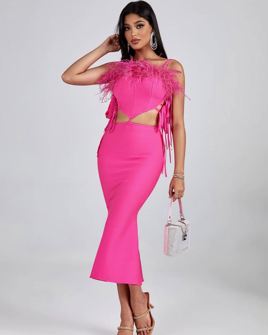 Pink Feather Cut-Out Mermaid Bandage Dress