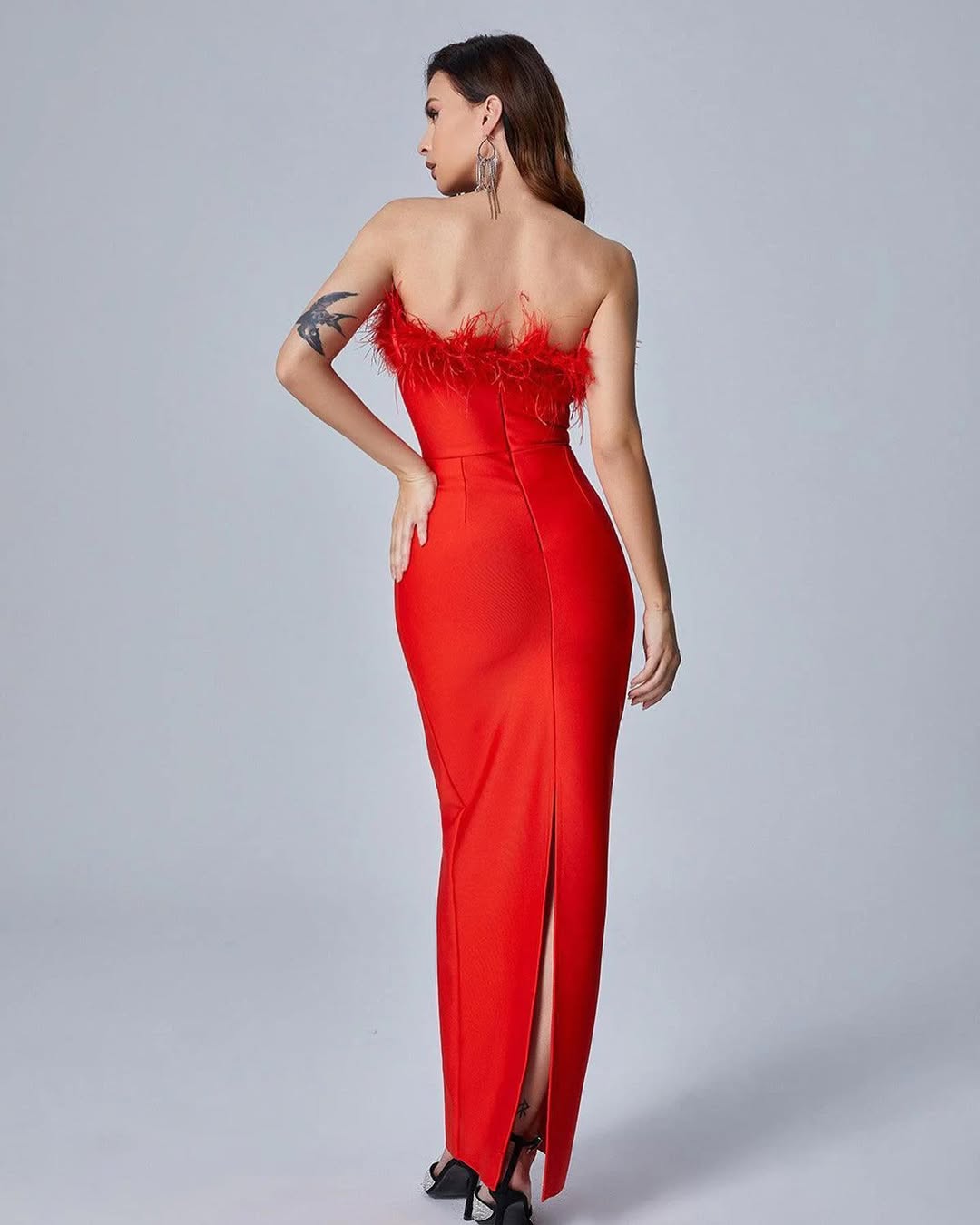 Feather Off-Shoulder Maxi Dress