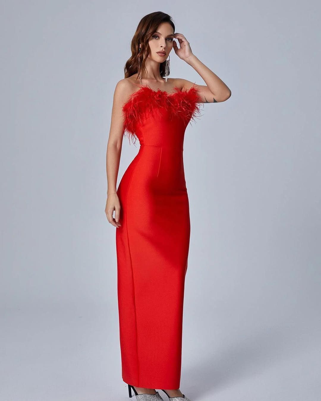 Feather Off-Shoulder Maxi Dress