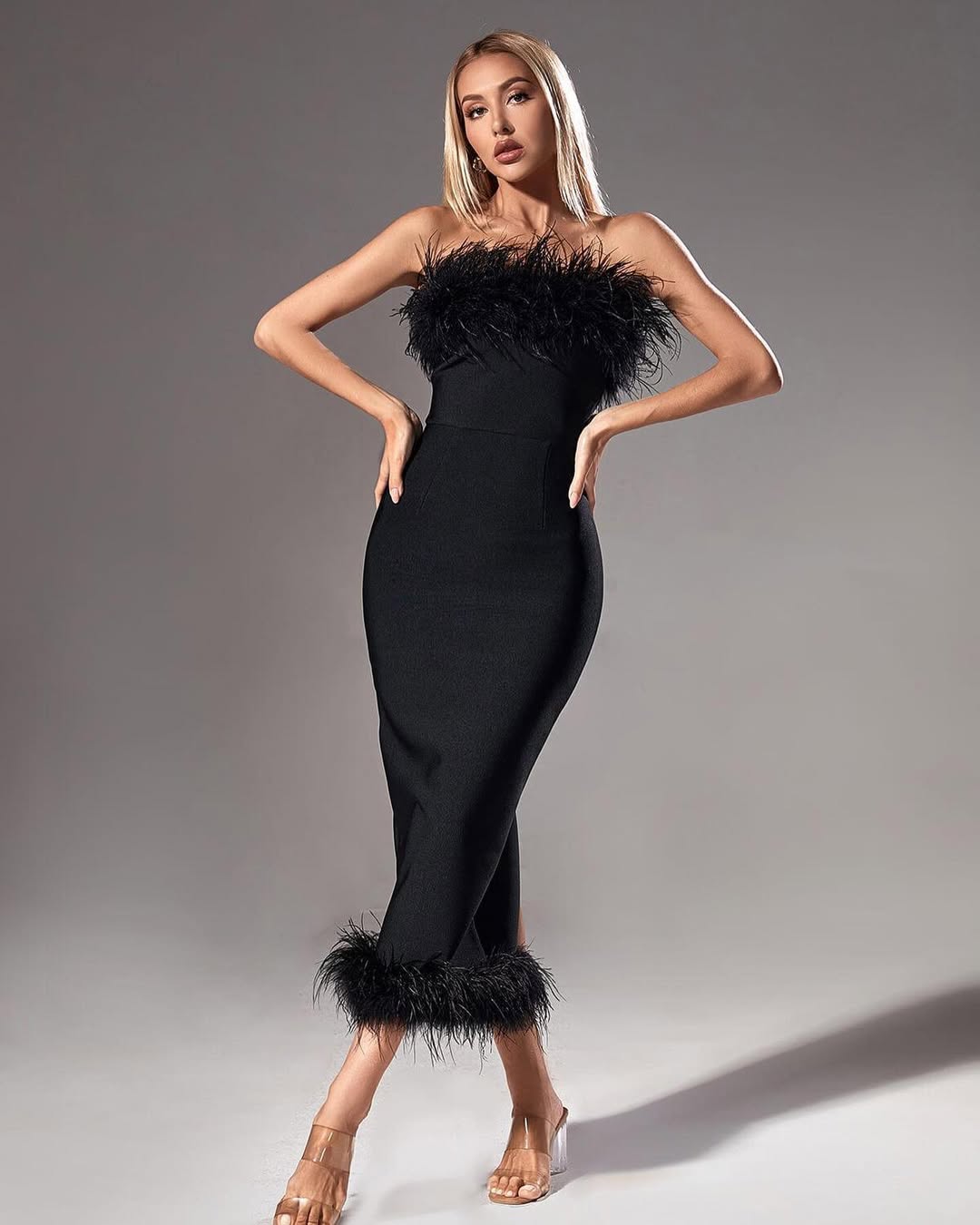 Black Feather Strapless Bandage Evening Dress