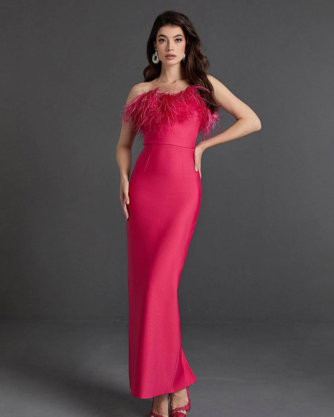 Feather Off-Shoulder Maxi Dress