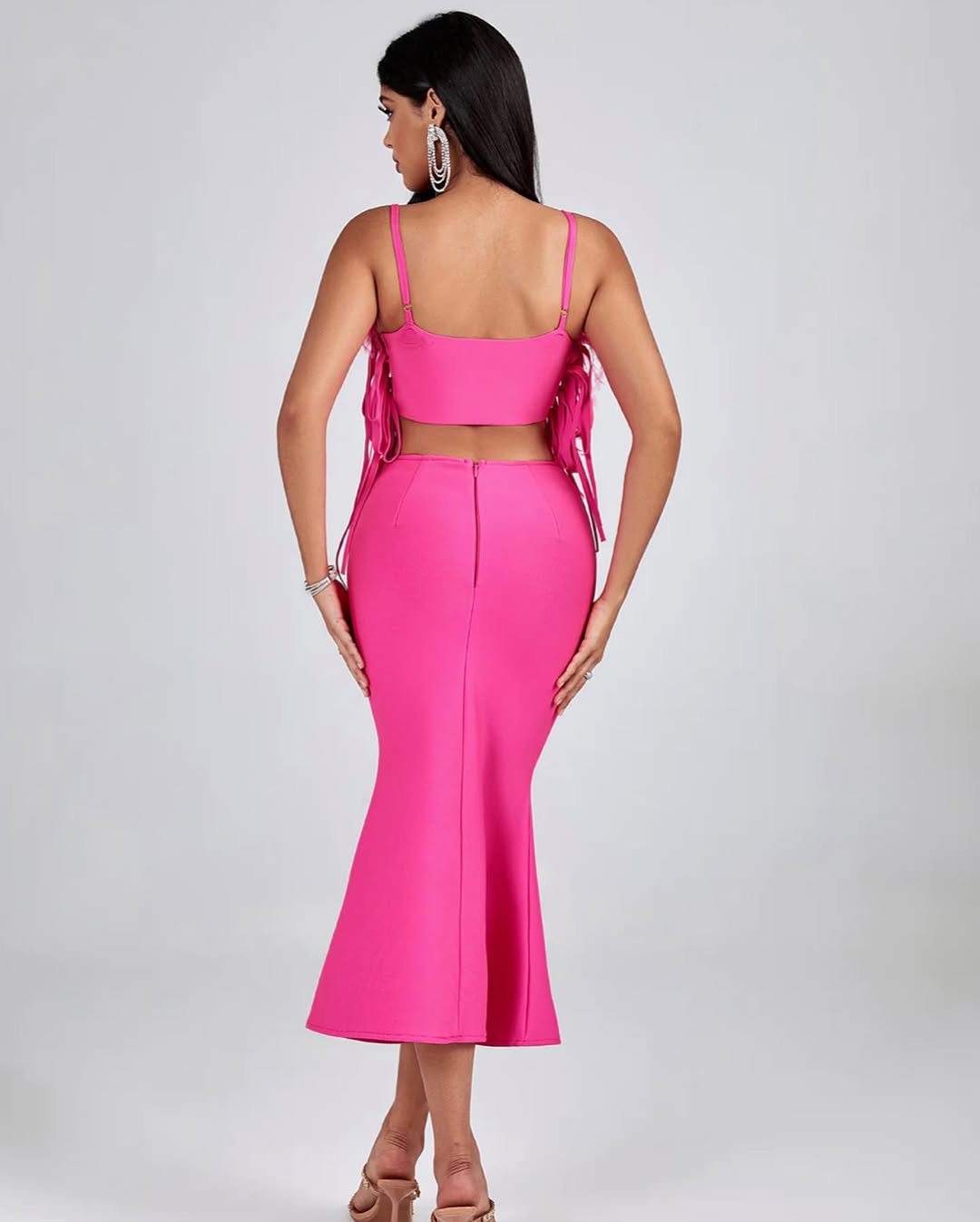 Pink Feather Cut-Out Mermaid Bandage Dress