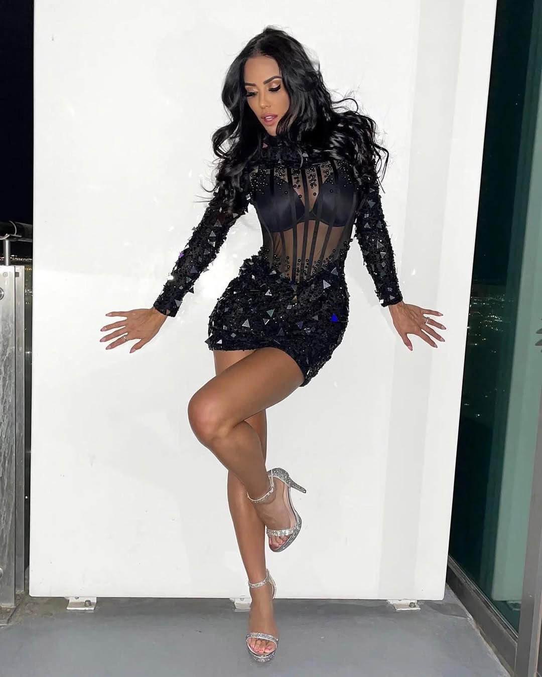 Black Sequin Mesh Mini Dress with Rhinestones