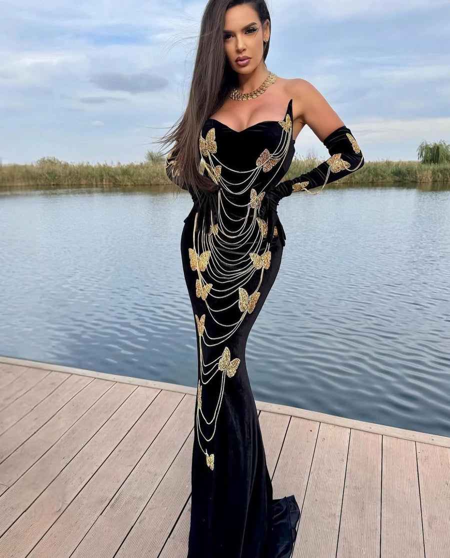Golden Butterfly Velvet Gown
