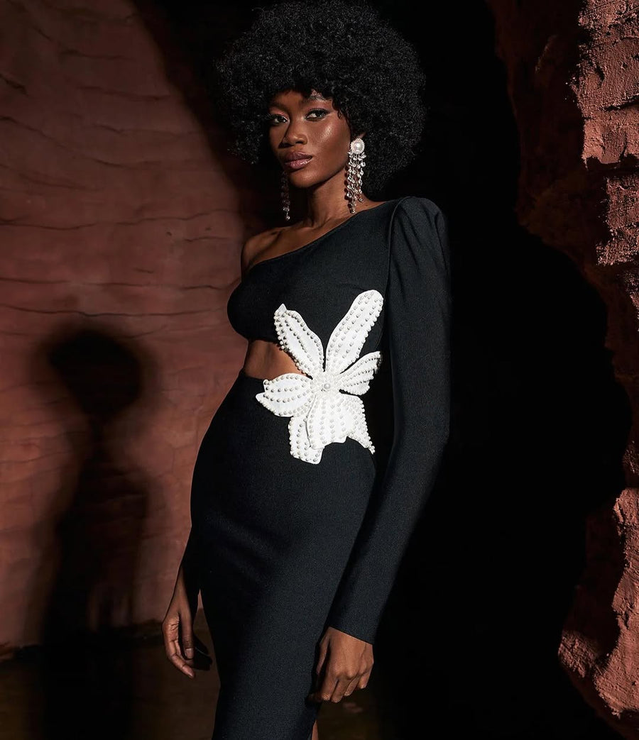 Midnight Bloom One-Shoulder Cut-Out Midi Dress MYLINE