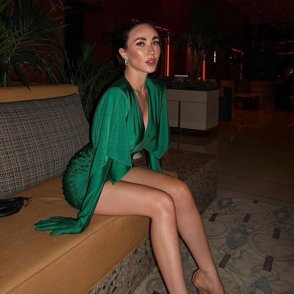 Deep V Mini Dress with Draped Sleeves | Elegant Ruched Evening Dress | Luxury Cocktail Party Dress for Women MYLINE