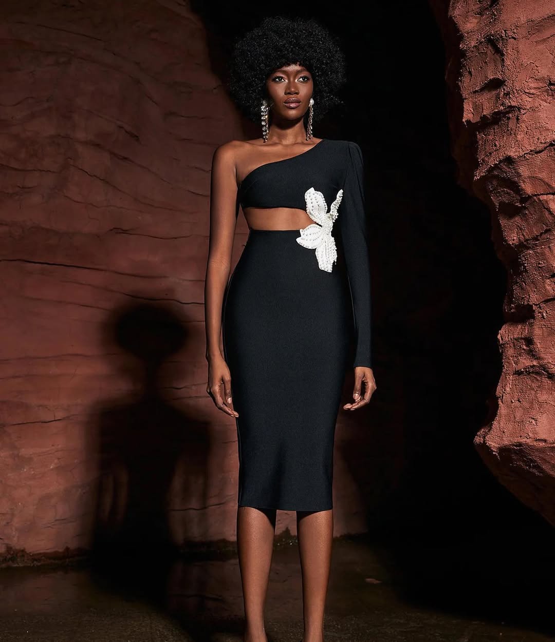 Midnight Bloom One-Shoulder Cut-Out Midi Dress MYLINE