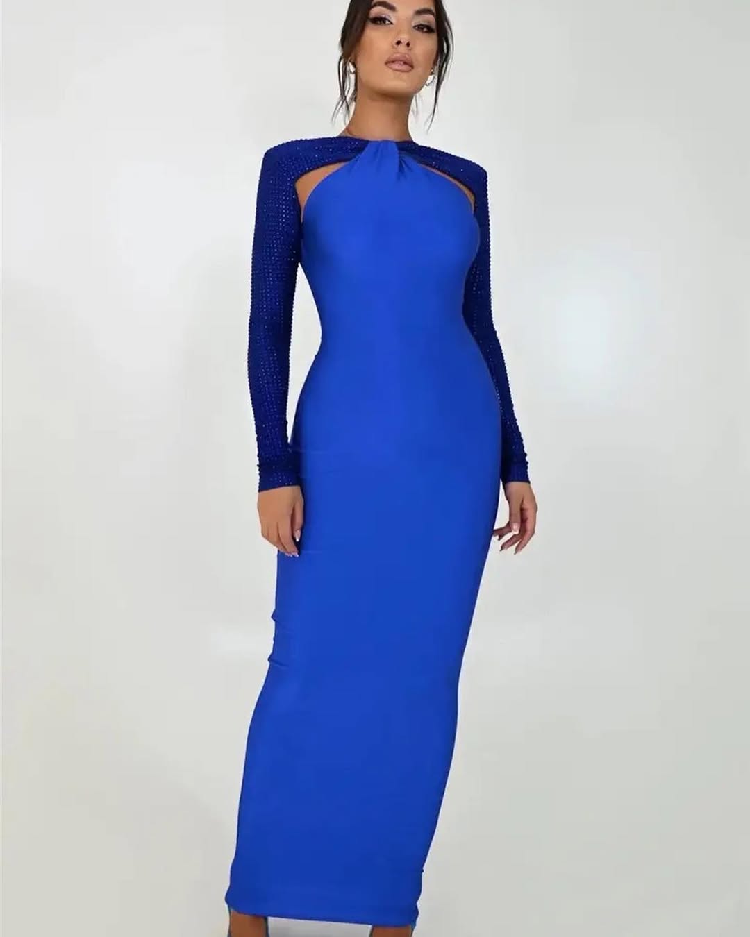 Crystal Sleeve Bodycon Gown | Cutout Maxi Dress in Blue, Green, Black