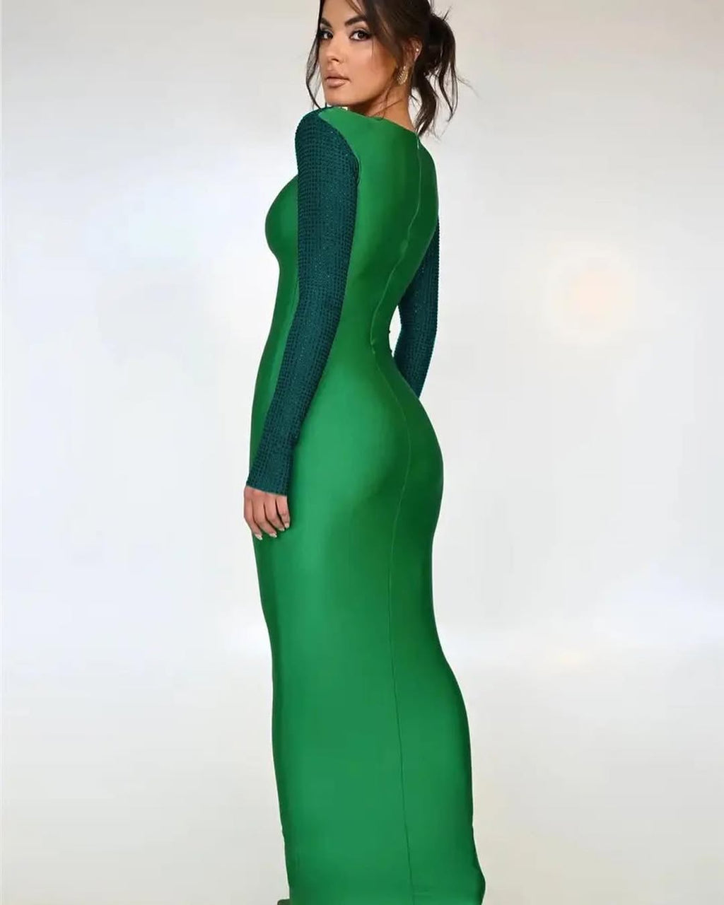 Crystal Sleeve Bodycon Gown | Cutout Maxi Dress in Blue, Green, Black