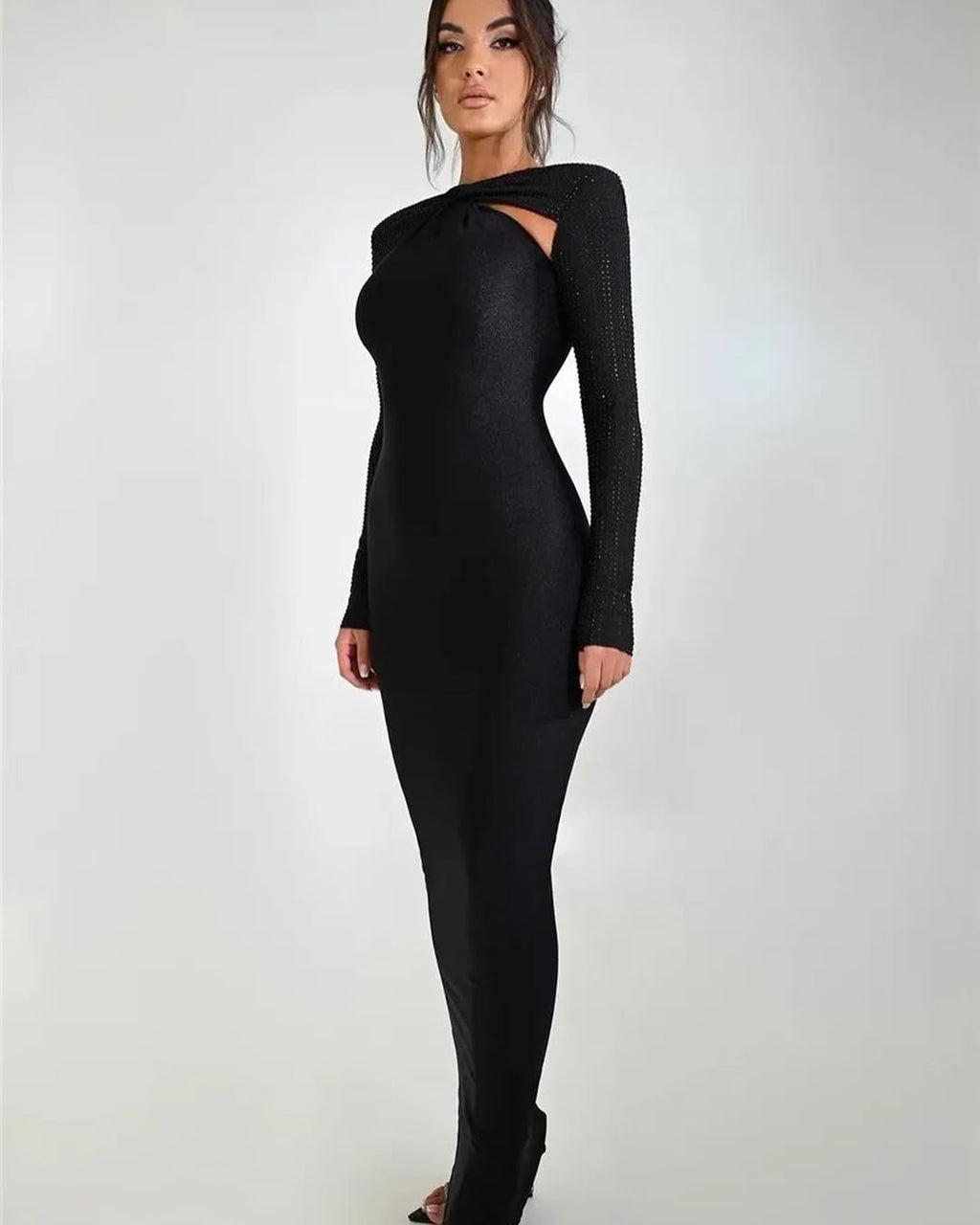 Crystal Sleeve Bodycon Gown | Cutout Maxi Dress in Blue, Green, Black