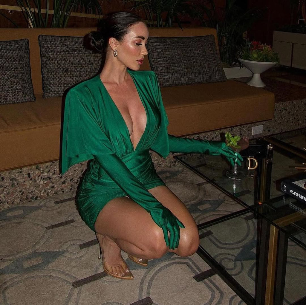 Deep V Mini Dress with Draped Sleeves | Elegant Ruched Evening Dress | Luxury Cocktail Party Dress for Women MYLINE