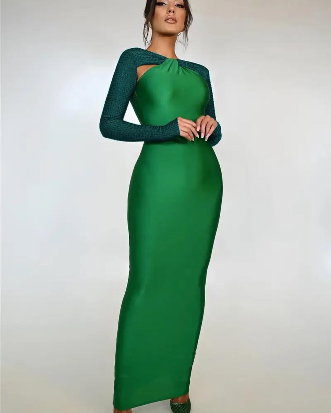 Crystal Sleeve Bodycon Gown | Cutout Maxi Dress in Blue, Green, Black