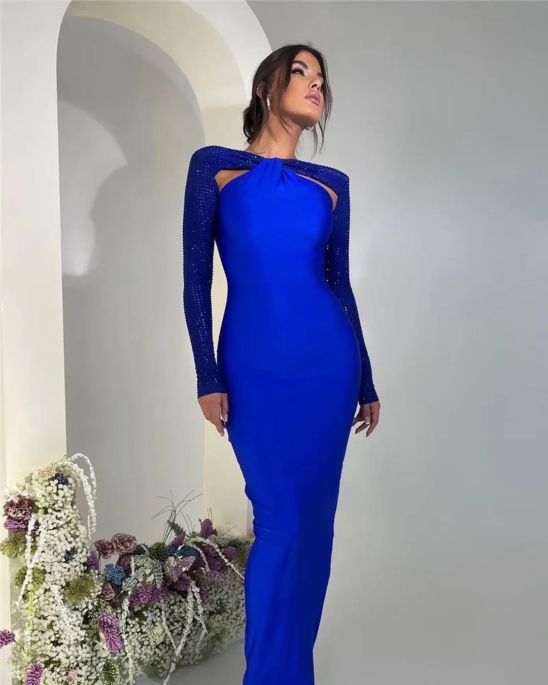 Crystal Sleeve Bodycon Gown | Cutout Maxi Dress in Blue, Green, Black