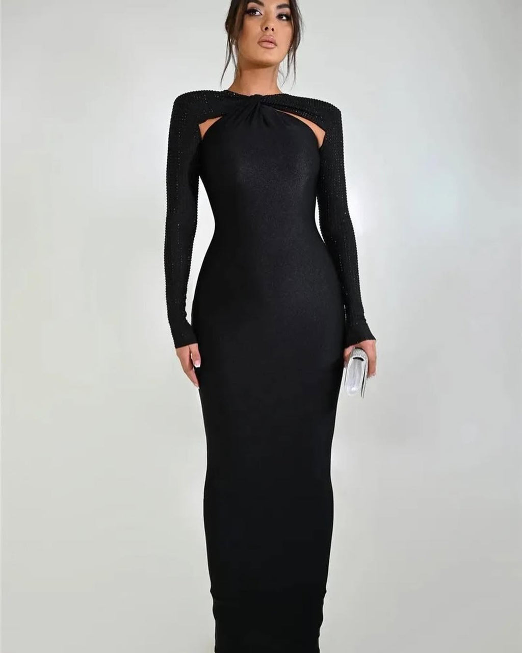 Crystal Sleeve Bodycon Gown | Cutout Maxi Dress in Blue, Green, Black