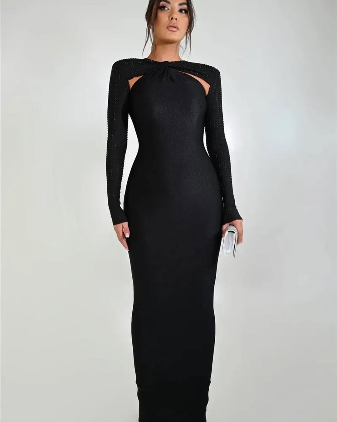 Crystal Sleeve Bodycon Gown | Cutout Maxi Dress in Blue, Green, Black