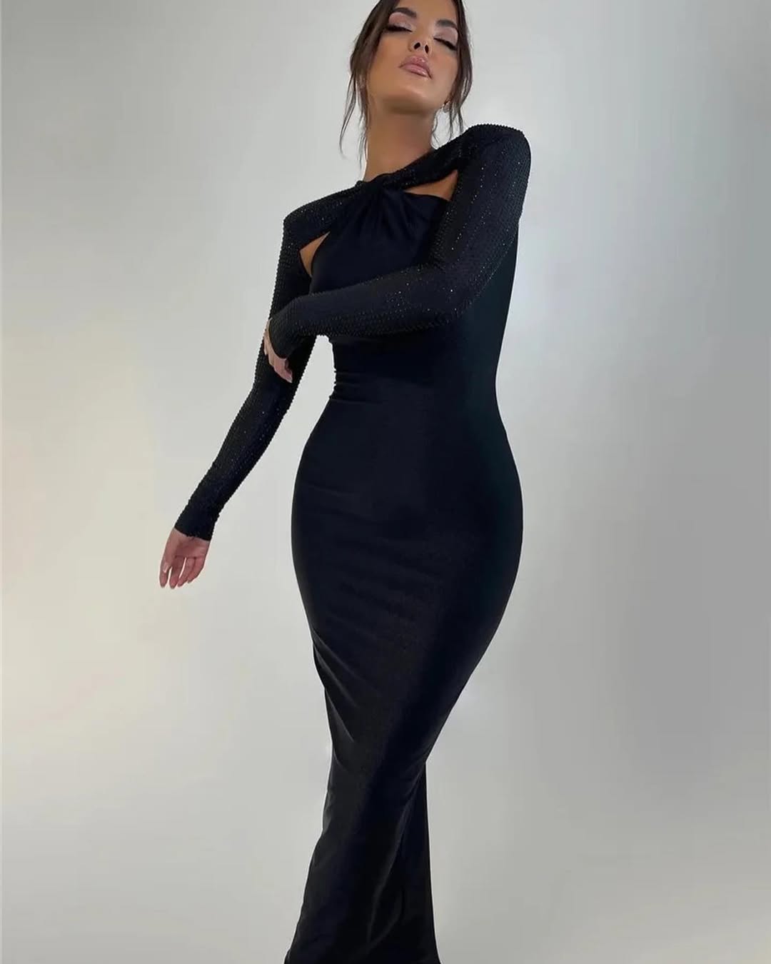 Crystal Sleeve Bodycon Gown | Cutout Maxi Dress in Blue, Green, Black