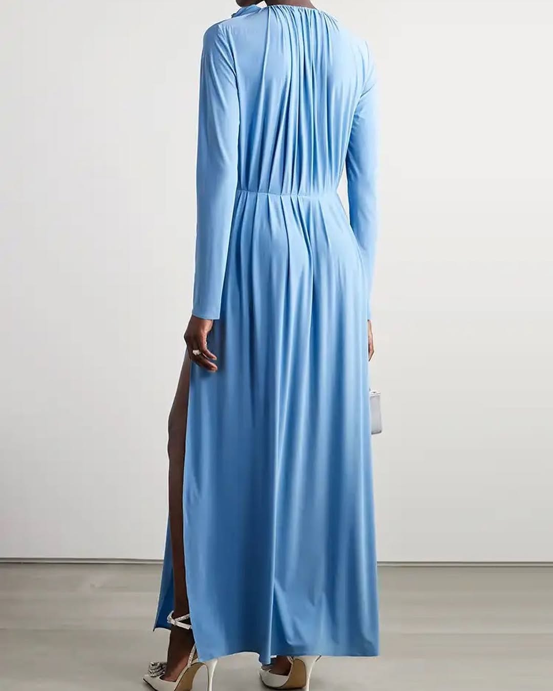 Blue Slit Maxi Dress | Long Sleeve Evening Gown with Rosette & Keyhole