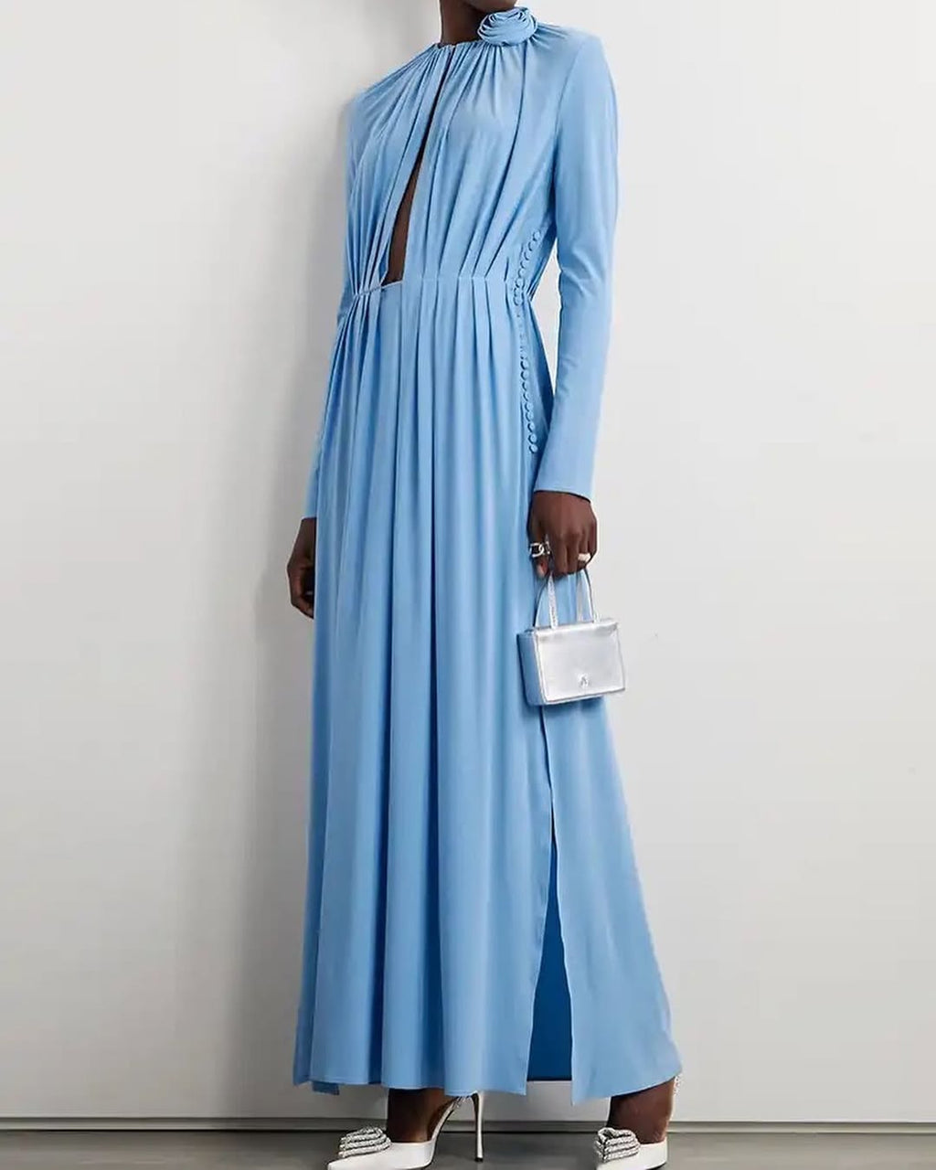 Blue Slit Maxi Dress | Long Sleeve Evening Gown with Rosette & Keyhole