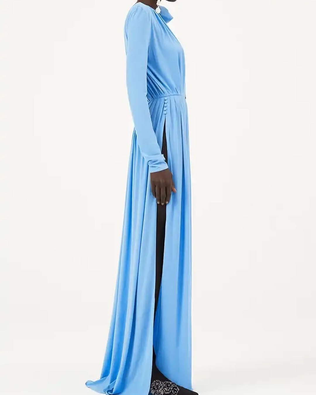 Blue Slit Maxi Dress | Long Sleeve Evening Gown with Rosette & Keyhole