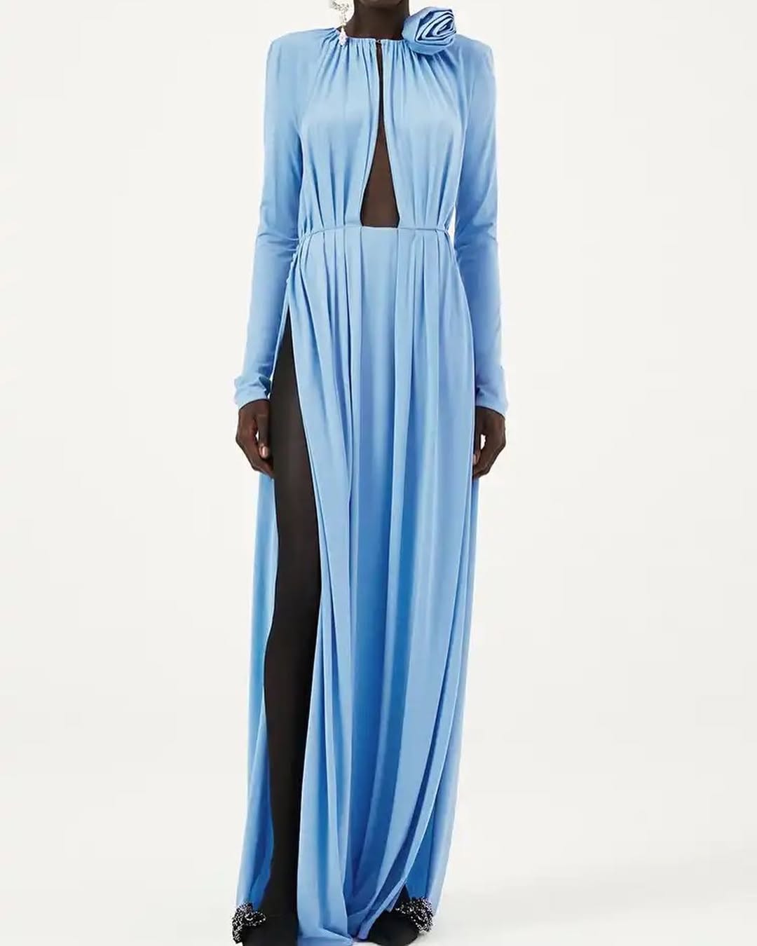 Blue Slit Maxi Dress | Long Sleeve Evening Gown with Rosette & Keyhole