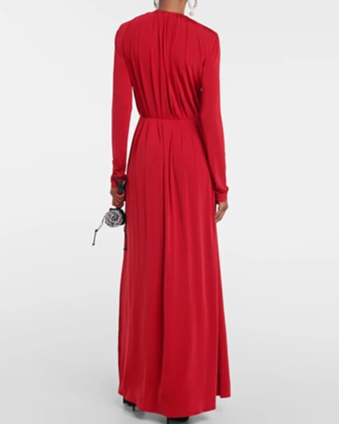 Blue Slit Maxi Dress | Long Sleeve Evening Gown with Rosette & Keyhole