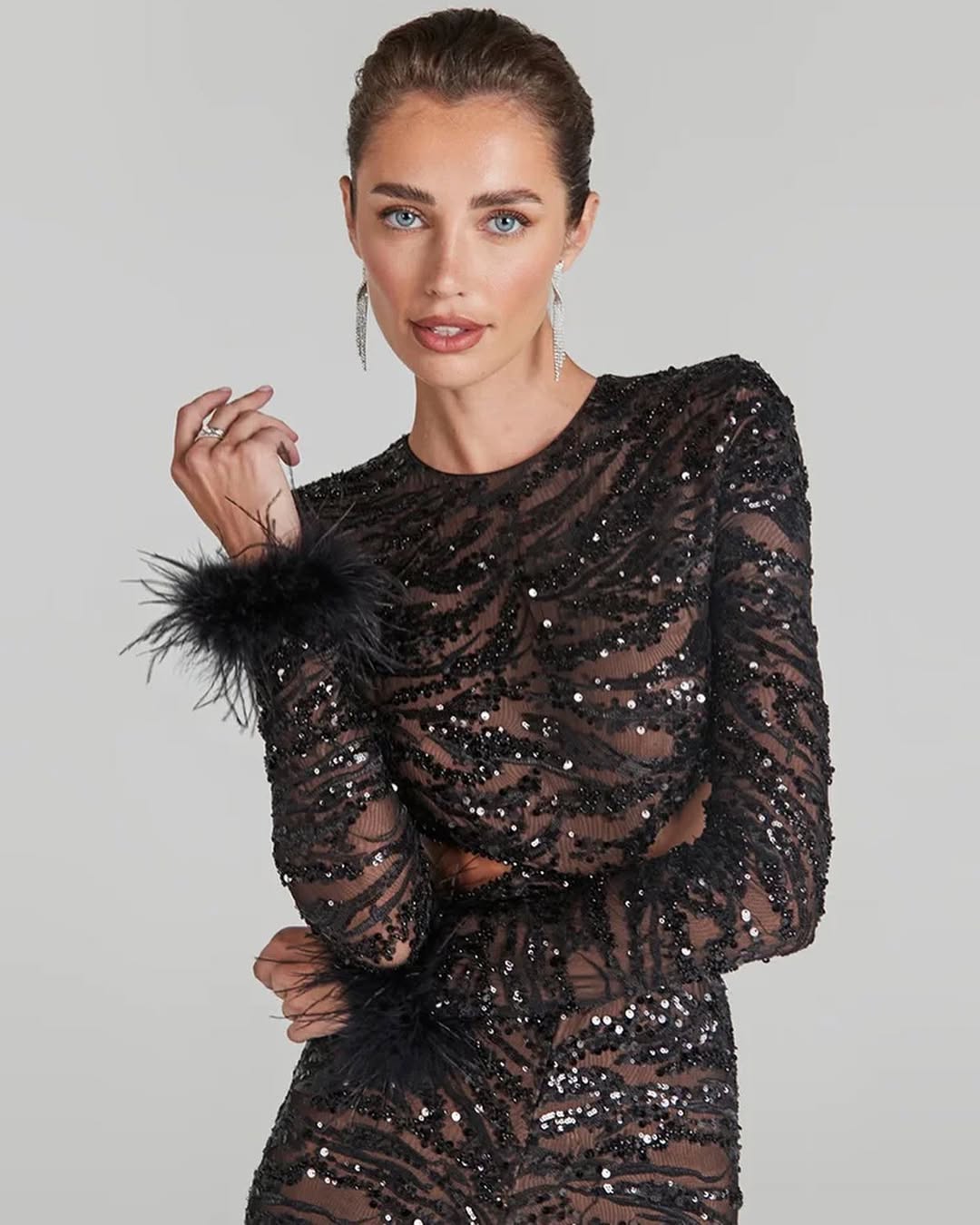 Black Sequin Cut-Out Jumpsuit with Feather Cuffs MYLINE