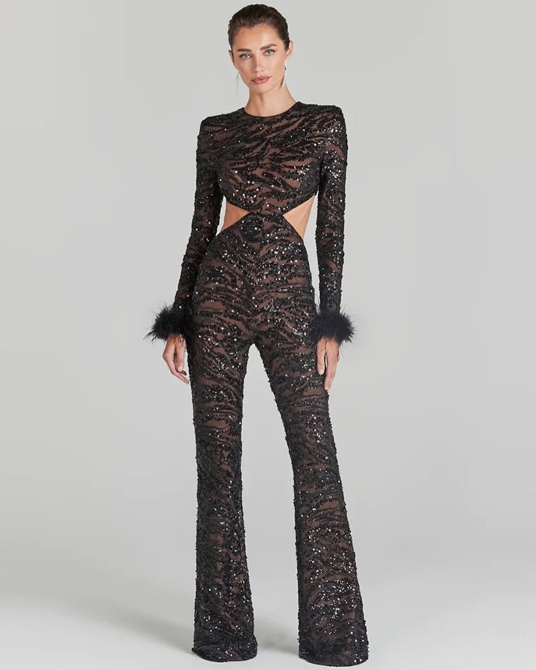 Black Sequin Cut-Out Jumpsuit with Feather Cuffs MYLINE