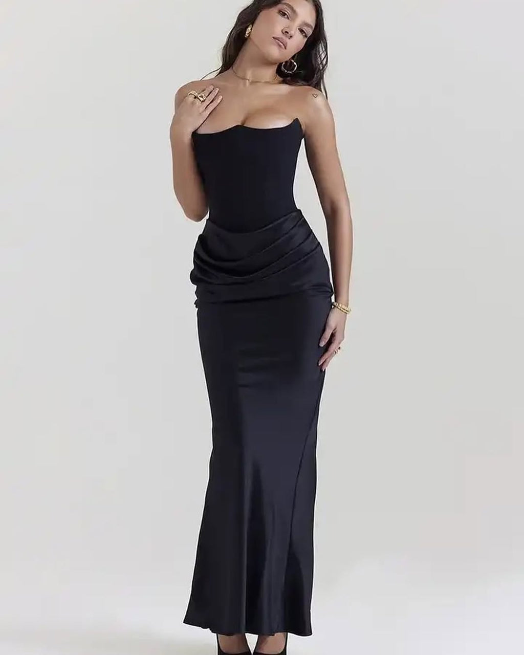Black Strapless Satin Gown | Corset Bodycon Maxi Dress, Draped Waist Detail