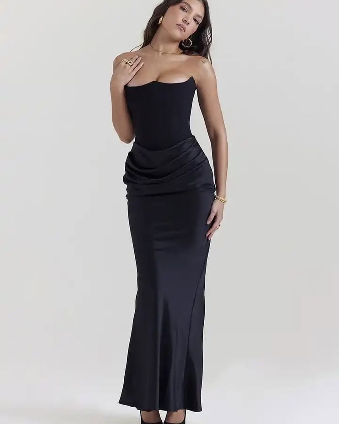 Black Strapless Satin Gown | Corset Bodycon Maxi Dress, Draped Waist Detail
