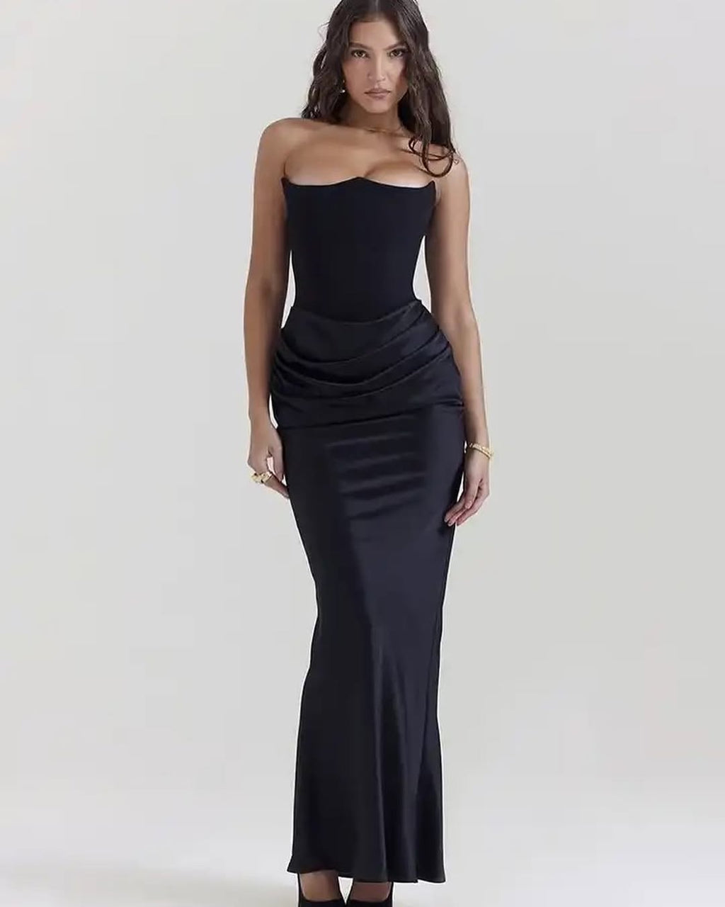 Black Strapless Satin Gown | Corset Bodycon Maxi Dress, Draped Waist Detail