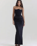Black Strapless Satin Gown | Corset Bodycon Maxi Dress, Draped Waist Detail