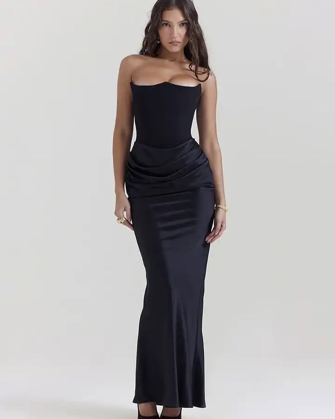 Black Strapless Satin Gown | Corset Bodycon Maxi Dress, Draped Waist Detail